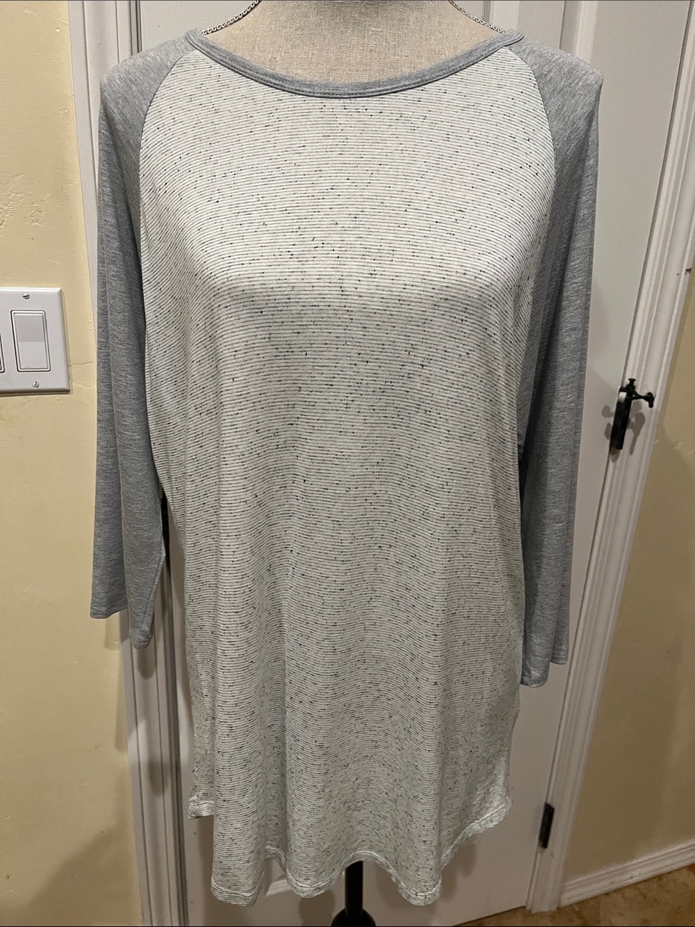 LuLaRoe Heathered Light Gray and White Raglan Top